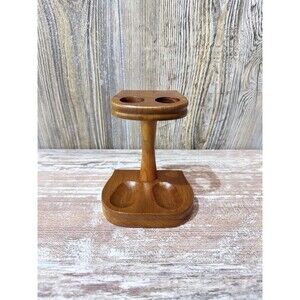 Vintage Pipe Rack Stand Holder Decatur Label Walnut Wood Tobacco Double 2 Pipe